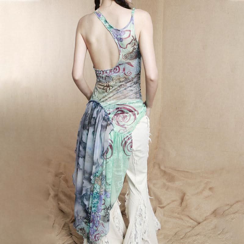 Irregular u neck ruched ruffle print contrast top  | Festival Outfits Women
