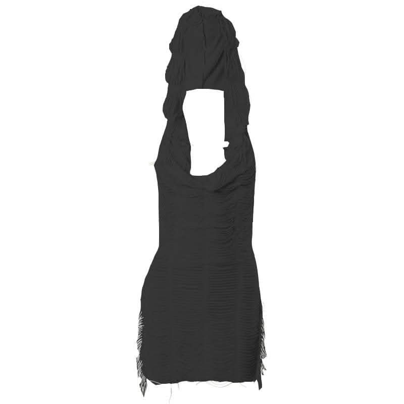 Textured solid hoodie cowl neck sleeveless backless tassels mini dress-final-sale