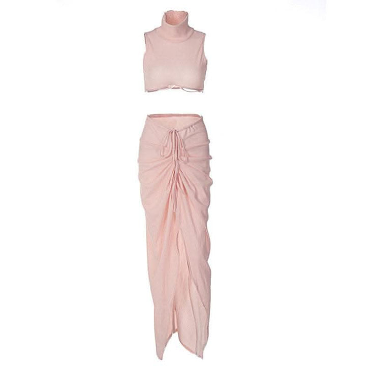Slit textured sleeveless high neck ruched solid maxi skirt set-final-sale  | Festival Outfits Women