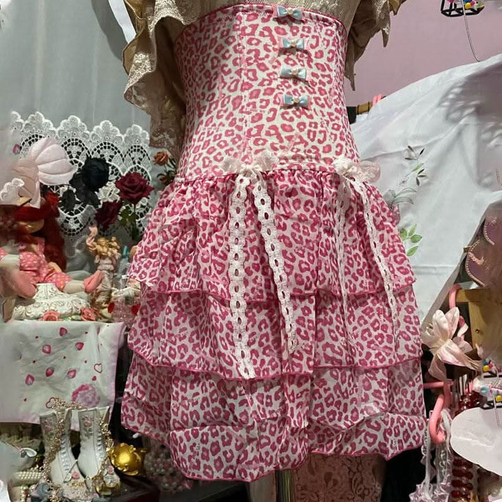 Bowknot leopard print lace hem ribbon mini skirt  | Festival Outfits Women  | Leopard Print Mini Dress