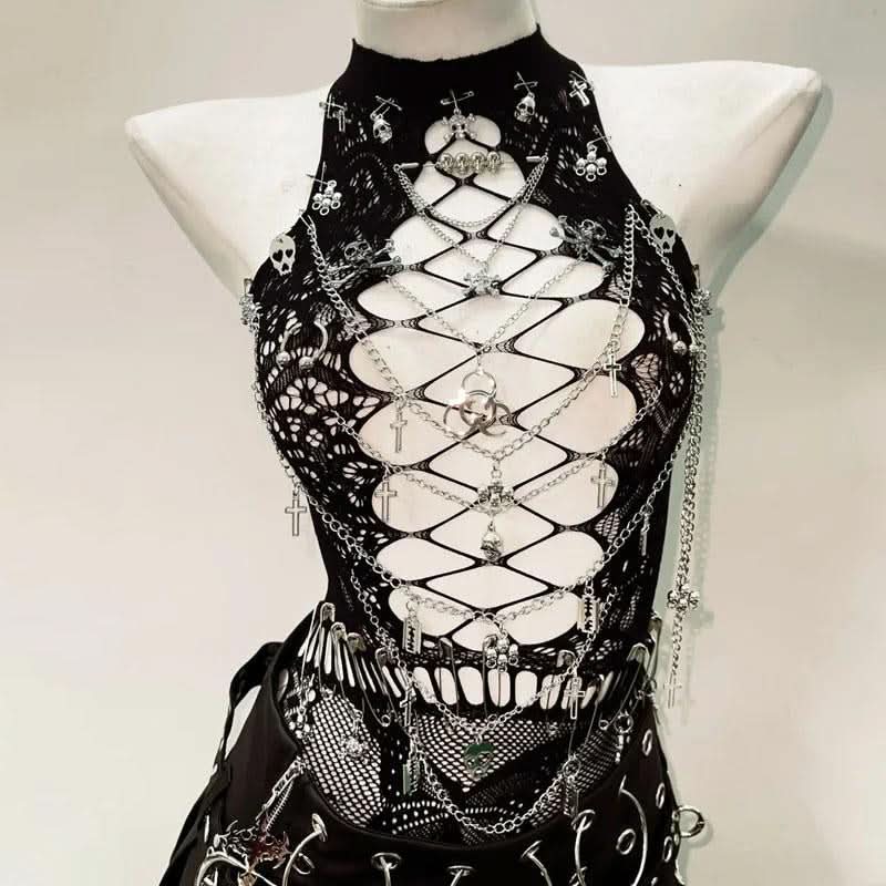 Hollow out metal chain crewneck lace cut out top  | Festival Outfits Women