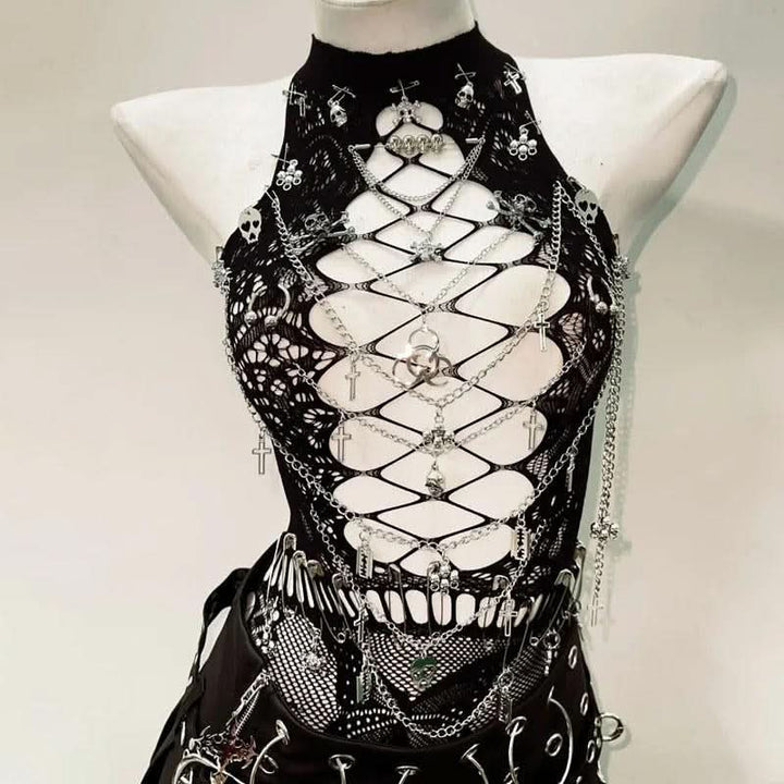 Hollow out metal chain crewneck lace cut out top  | Festival Outfits Women