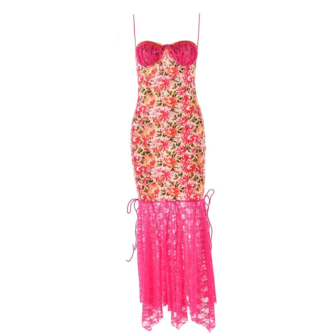 Lace patchwork ruffle knotted print cami midi dress  | Festival Outfits Women