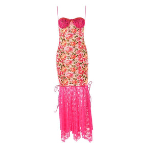 Lace patchwork ruffle knotted print cami midi dress  | Festival Outfits Women