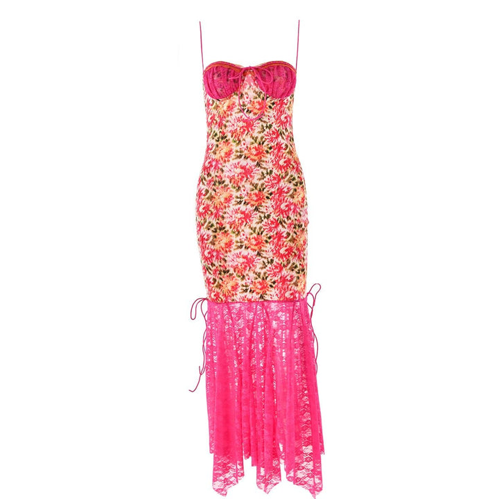Lace patchwork ruffle knotted print cami midi dress  | Festival Outfits Women