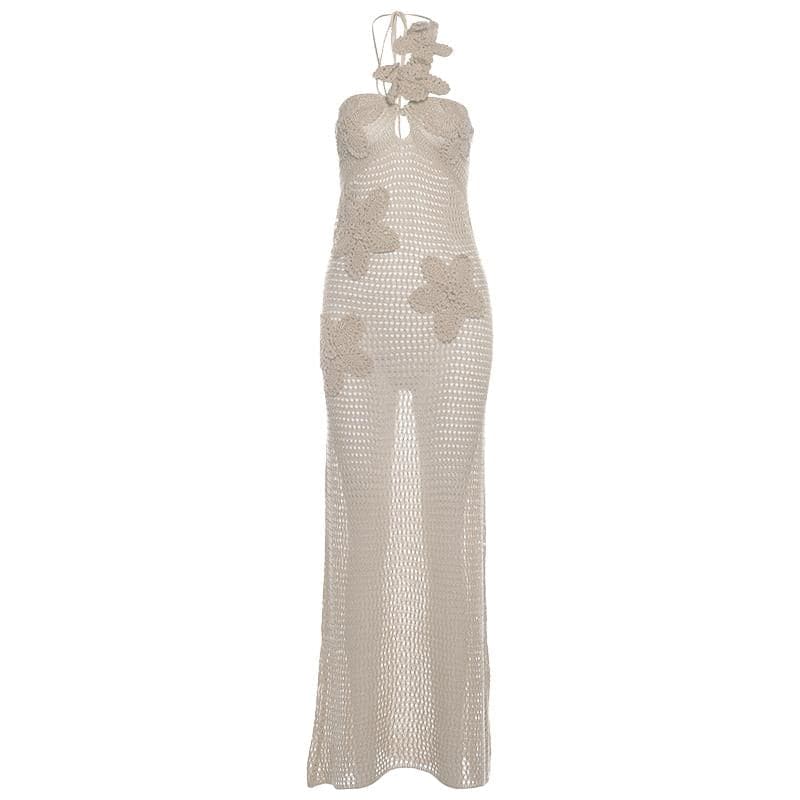 Halter knitted flower pattern see through maxi dress-final-sale  | Festival Outfits Women