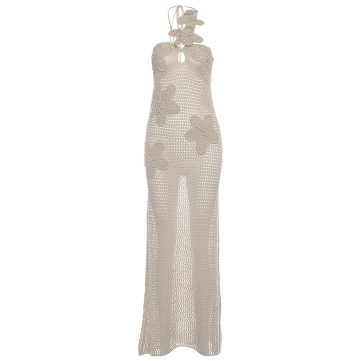 Halter knitted flower pattern see through maxi dress-final-sale  | Festival Outfits Women