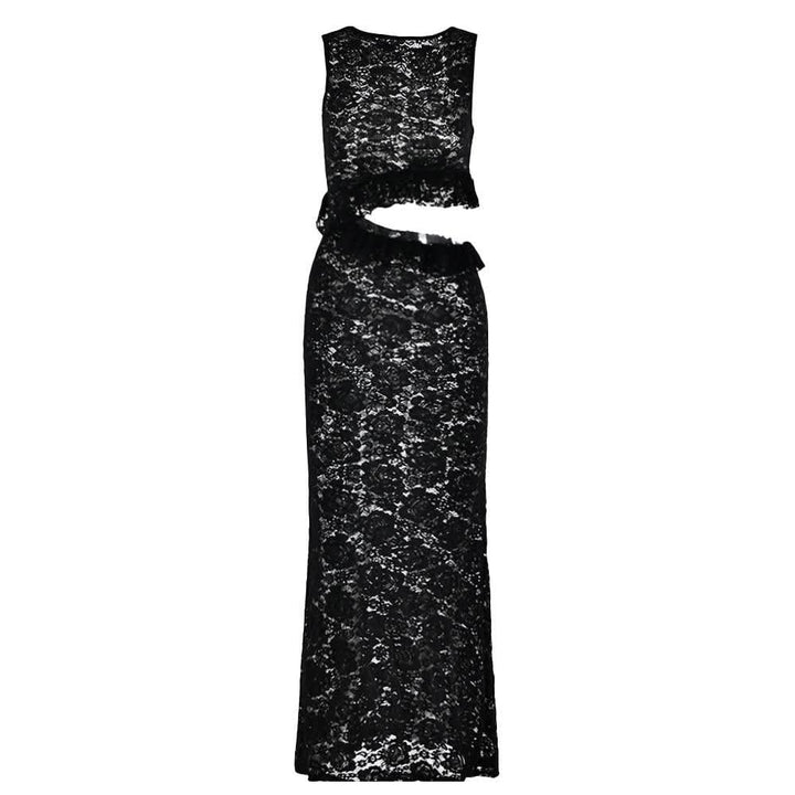 Crewneck hollow out lace ruched see through cut out maxi dress  | Festival Outfits Women