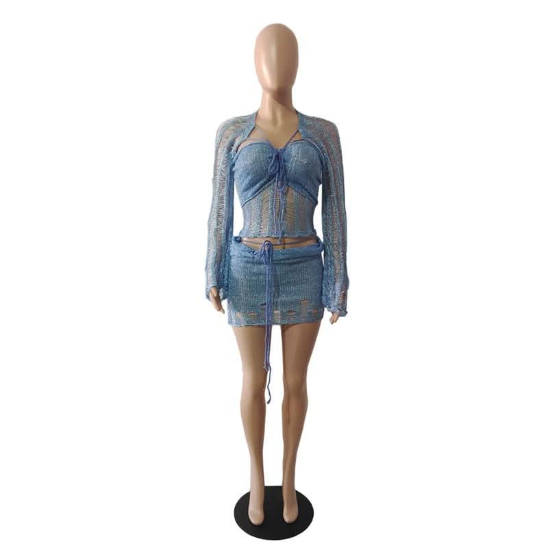 Glitter knitted long sleeve hollow out 3 piece mini skirt set  | Festival Outfits Women