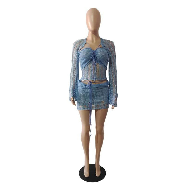 Glitter knitted long sleeve hollow out 3 piece mini skirt set  | Festival Outfits Women