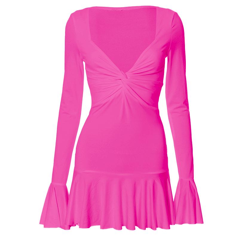 Long flared sleeve ruched v neck solid mini dress  | Festival Outfits Women