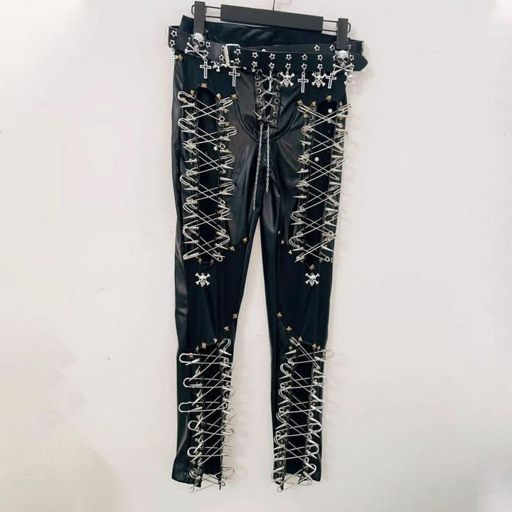 Lace up metal chain hollow out skull applique pant  | Festival Outfits Women