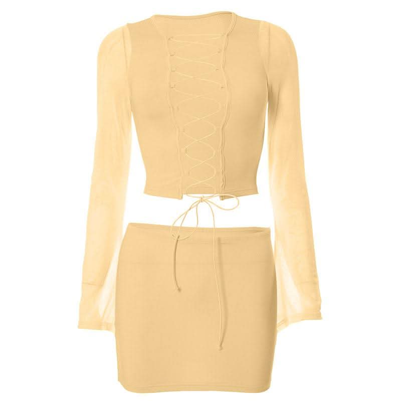 Long sleeve hollow out lace up mesh mini skirt set-final-sale  | Festival Outfits Women