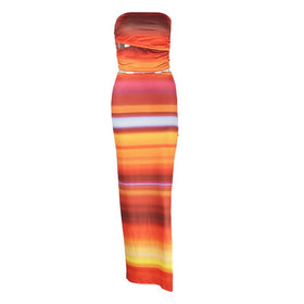 Ruched gradient striped hollow out slit maxi skirt set  | Festival Outfits Women