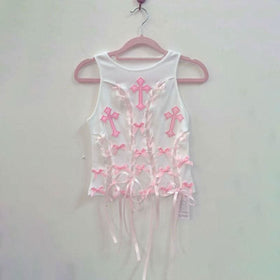 Crewneck bowknot cross pattern lace up ribbon top  | Festival Outfits Women