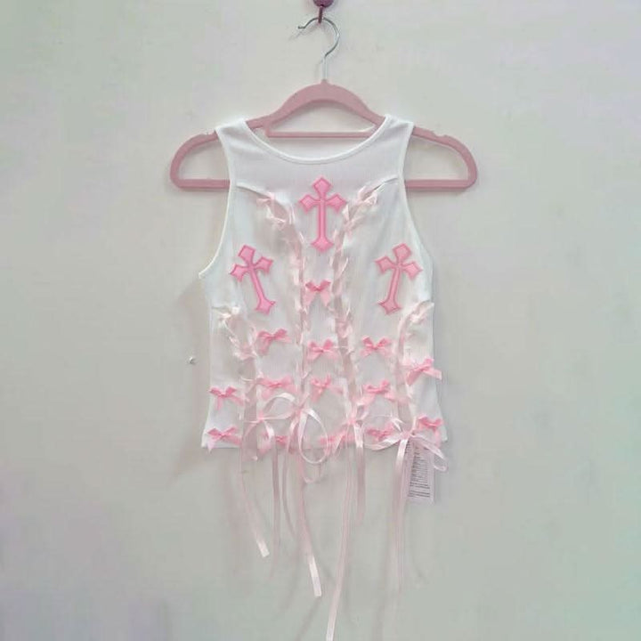 Crewneck bowknot cross pattern lace up ribbon top  | Festival Outfits Women