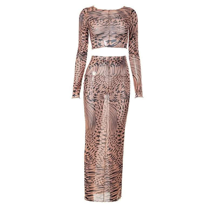 Sheer mesh see through long sleeve stitch contrast maxi skirt set-final-sale  | Festival Outfits Women