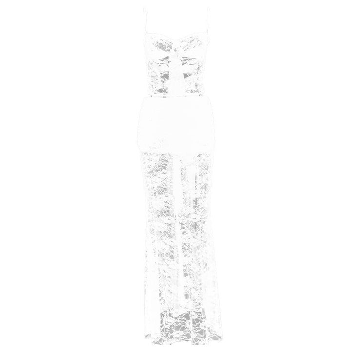 Sweetheart neck ruffle lace see through cami maxi skirt set  | Festival Outfits Women