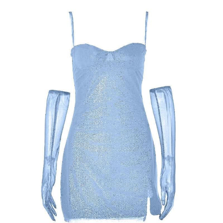 Textured mesh gloves sweetheart neck zip-up slit cami mini dress-final-sale  | Festival Outfits Women