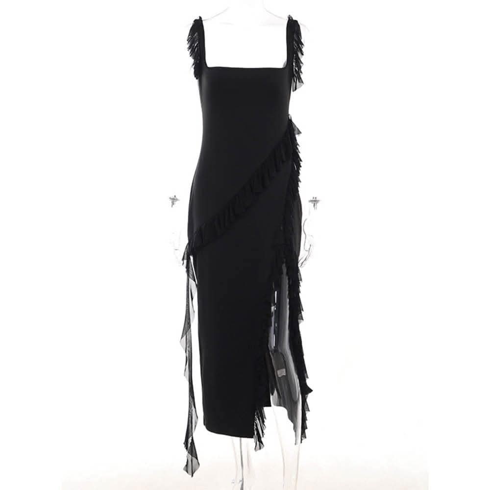 Ruffle cap sleeve slit square neck irregular solid maxi dress-final-sale  | Festival Outfits Women