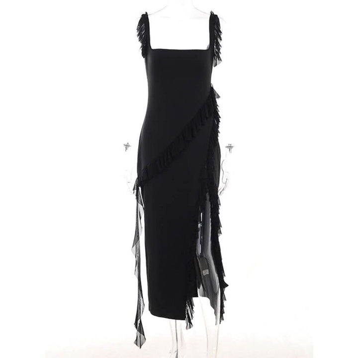 Ruffle cap sleeve slit square neck irregular solid maxi dress-final-sale  | Festival Outfits Women