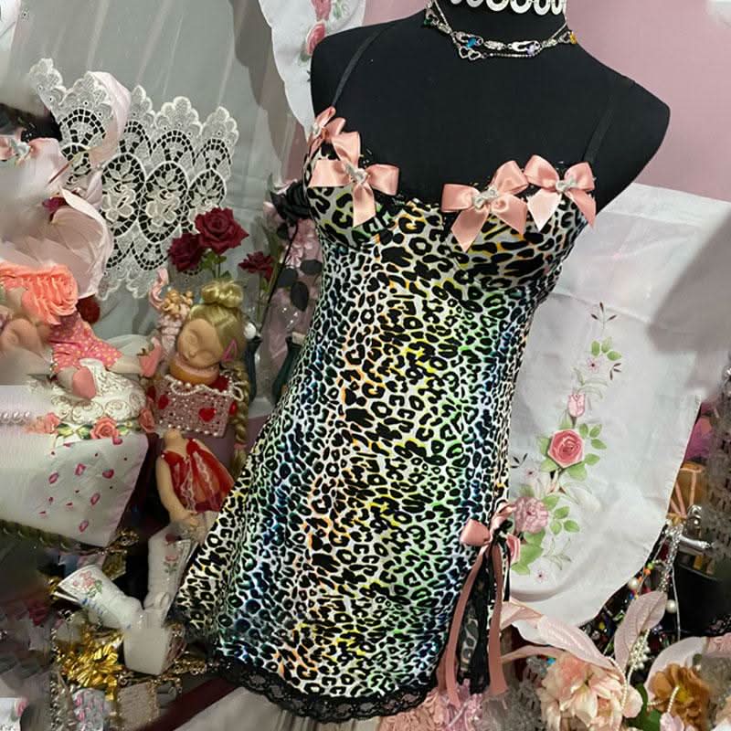 Leopard print bowknot lace hem v neck cami mini dress  | Festival Outfits Women  | Leopard Print Mini Dress