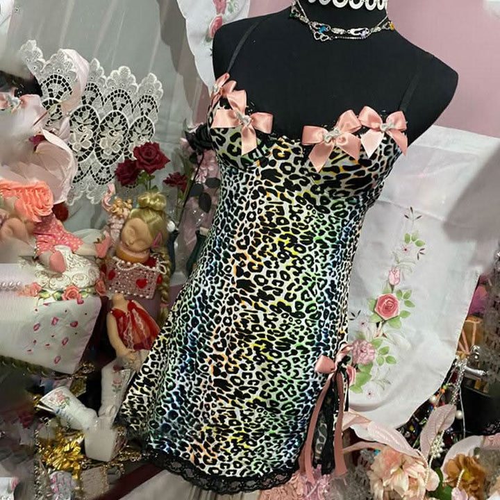 Leopard print bowknot lace hem v neck cami mini dress  | Festival Outfits Women  | Leopard Print Mini Dress