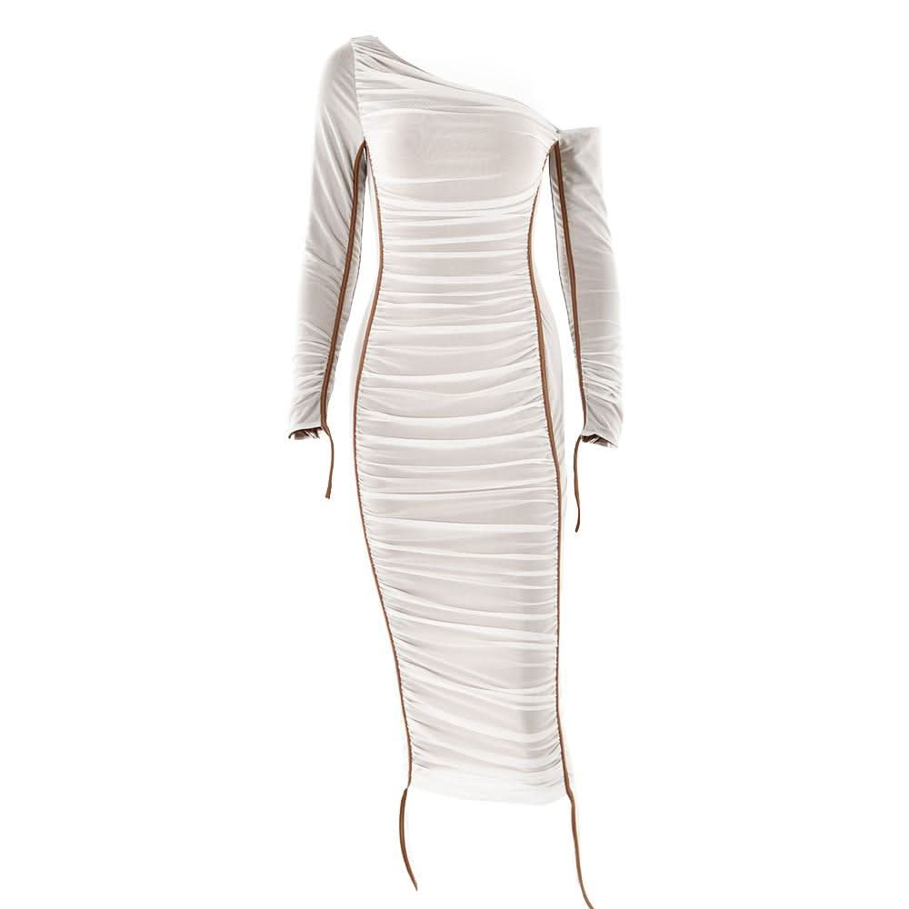 Long sleeve one shoulder ruched stitch mesh midi dress-final-sale  | Festival Outfits Women