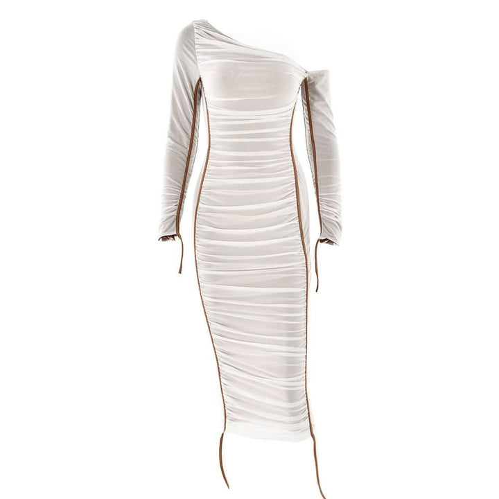 Long sleeve one shoulder ruched stitch mesh midi dress-final-sale  | Festival Outfits Women