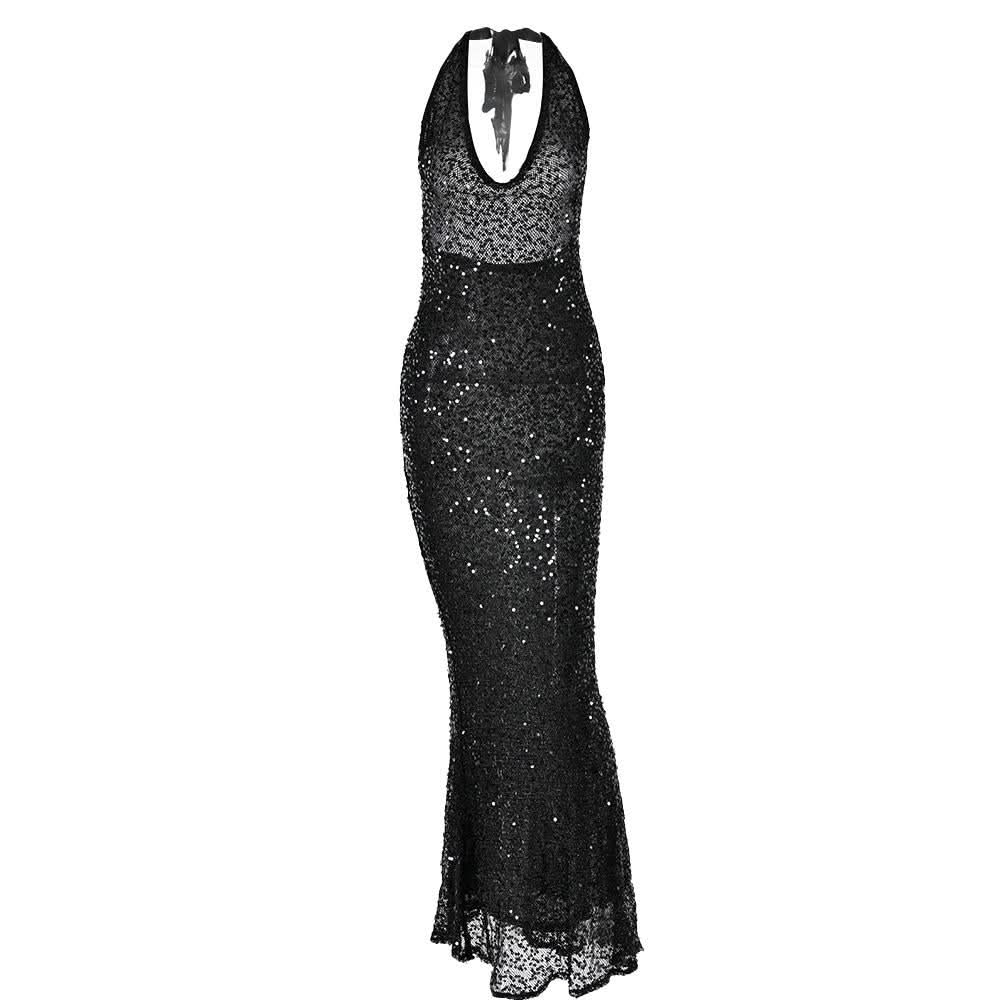 Halter self tie glitter u neck low cut backless maxi dress  | Festival Outfits Women
