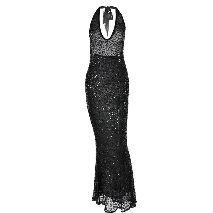 Halter self tie glitter u neck low cut backless maxi dress  | Festival Outfits Women