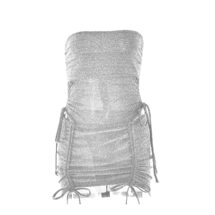 Drawstring textured backless solid bodysuit mini skirt set-final-sale  | Festival Outfits Women