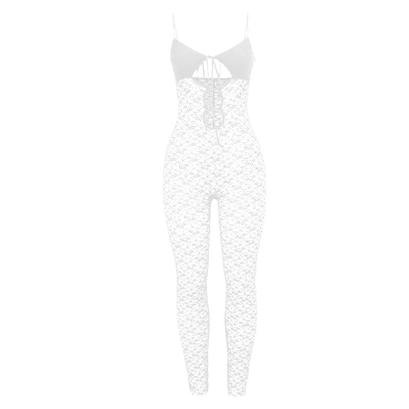 Kayan ado na mata masu kyau da na roba | V neck hollow out solid lace cami jumpsuit | Kayan ado na bikin mata
