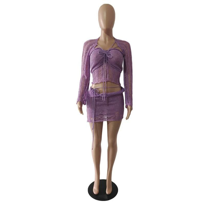 Glitter knitted long sleeve hollow out 3 piece mini skirt set  | Festival Outfits Women