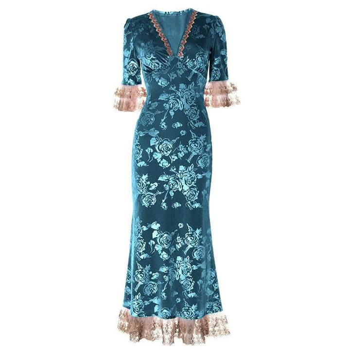 Lace hem v neck flower print velvet maxi dress  | Festival Outfits Women