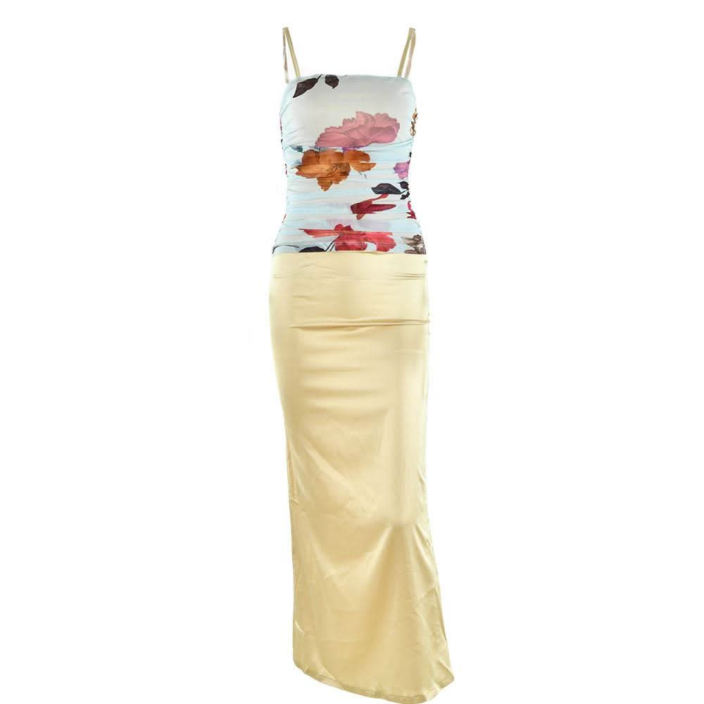 Ruched flower print zip-up square neck contrast slit maxi dress-final-sale  | Festival Outfits Women