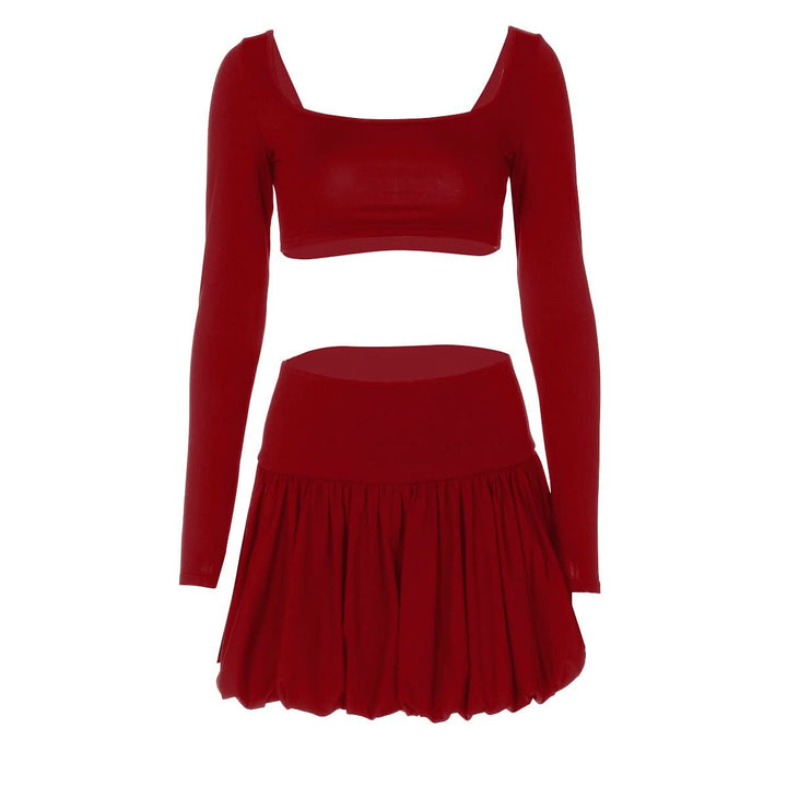 Long sleeve square neck ruched solid mini skirt set  | Festival Outfits Women