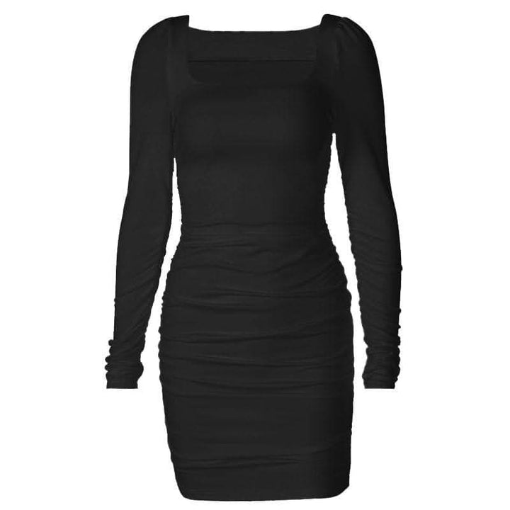 Long sleeve solid square neck ruched mini dress-final-sale  | Festival Outfits Women