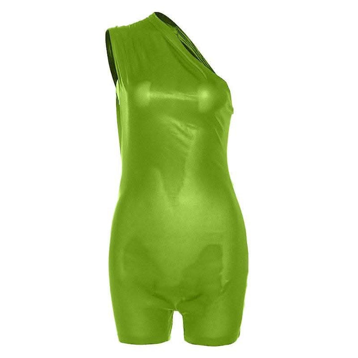 Irregular one shoulder metallic solid zip-up romper-final-sale  | Festival Outfits Women