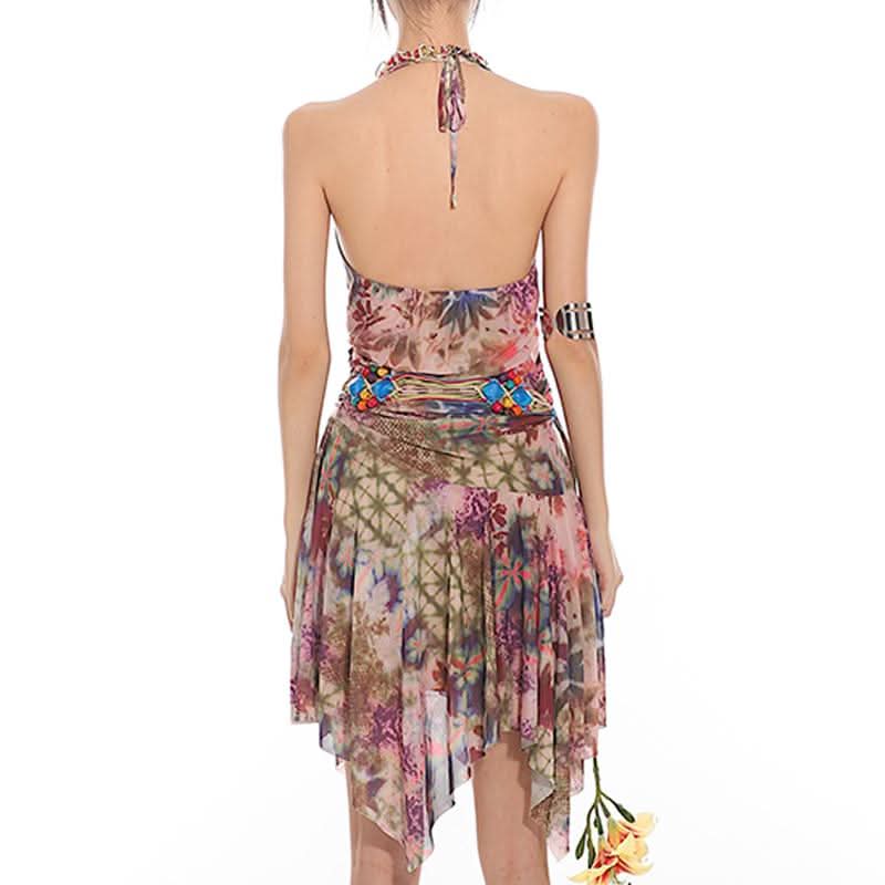 Halter self tie ruched print mesh v neck mini dress  | Festival Outfits Women