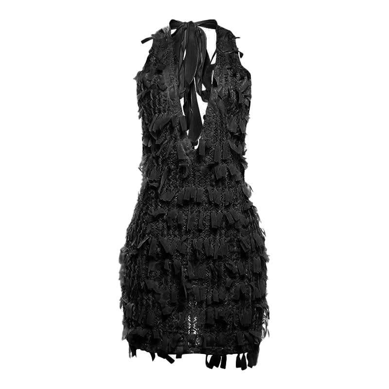 Deep V neck halter self tie backless zip-up mini dress  | Festival Outfits Women