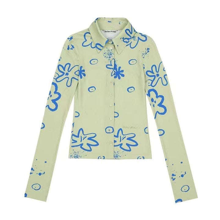 Turnover collar button contrast print long sleeve top-final-sale  | Festival Outfits Women