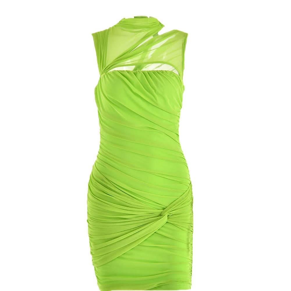 Sleeveless irregular hollow out mesh knotted ruched cut out mini dress-final-sale  | Festival Outfits Women