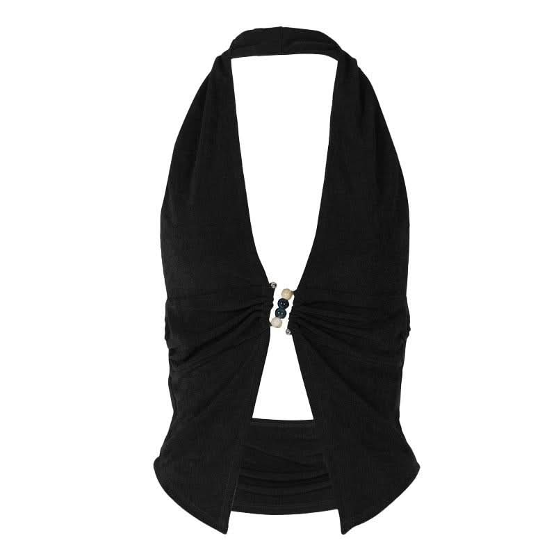 Halter deep V neck beaded ruched slit top  | Festival Outfits Women