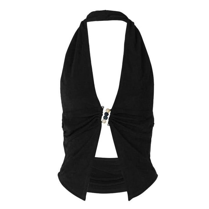 Halter deep V neck beaded ruched slit top  | Festival Outfits Women