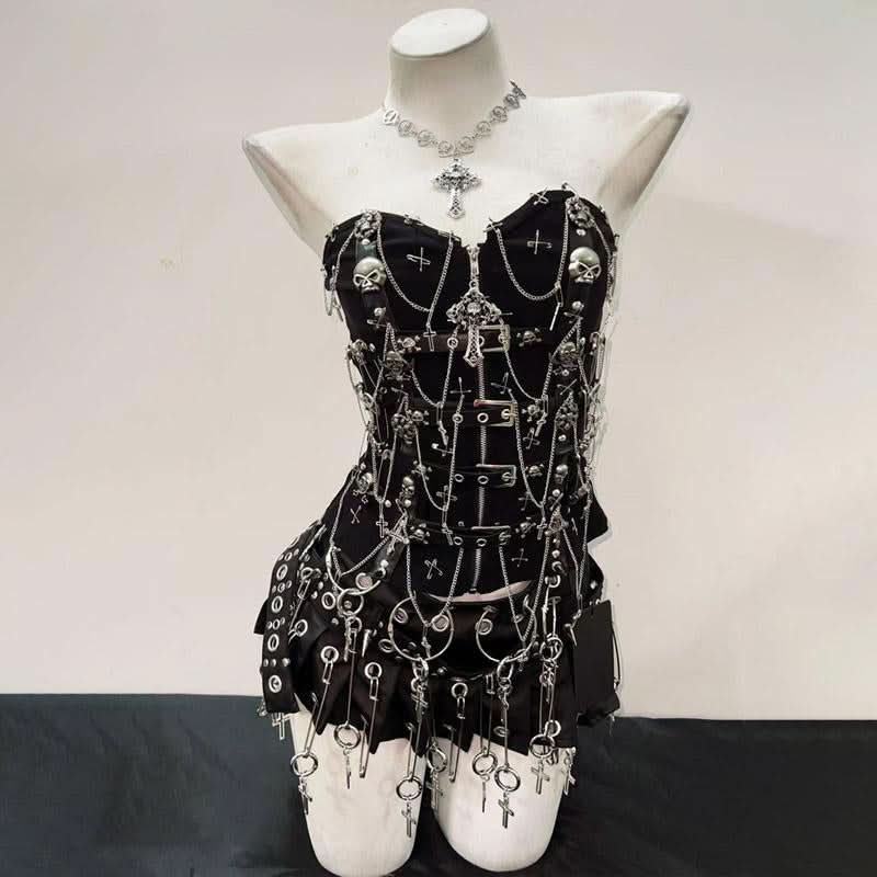 Sweetheart neck metal chain skull applique zip-up top  | Festival Outfits Women
