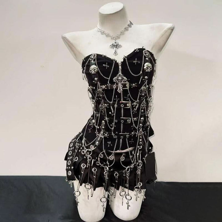 Sweetheart neck metal chain skull applique zip-up top  | Festival Outfits Women