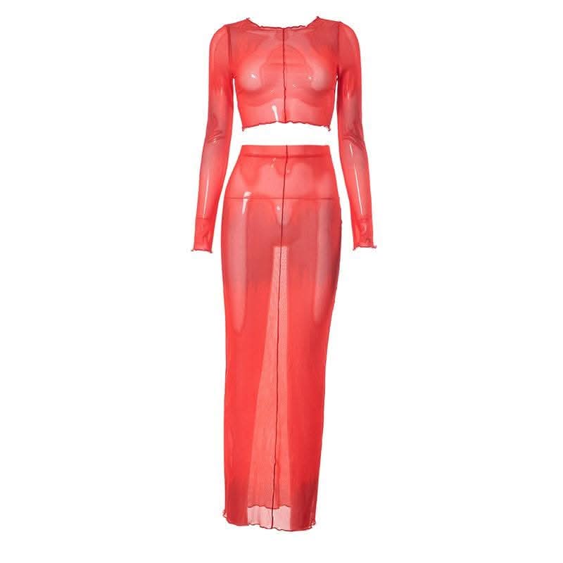 Sheer mesh see through long sleeve stitch contrast maxi skirt set-final-sale  | Festival Outfits Women
