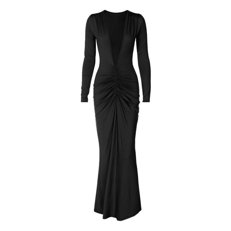 Ruched long sleeve v neck solid 2-way maxi dress-final-sale  | Festival Outfits Women