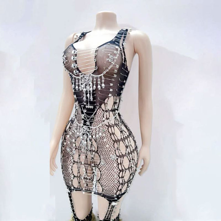 Skull fishnet metal chain suspender mini dress  | Festival Outfits Women